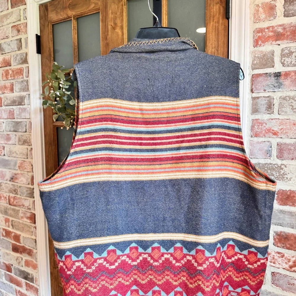 Natural Reflections Open Front Vest Women 2X Blue Southwestern Fringe Aztec Boho